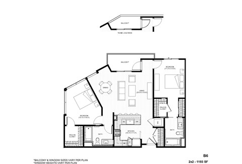 Floor plan for 2 beds, 2 baths, 1193 sqft